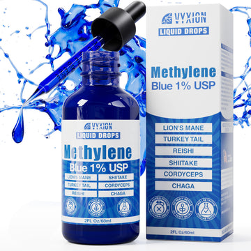 Vyxion Methylene Blue Drops (1% Pharma Grade, USP Grade) 10mg + Organic Mushroom Complex (Cordyceps, Turkey Tail, Lion’s Mane, Chaga, Reishi, Shiitake), Brain Health, No Formaldehyde, 60 ml Bottle